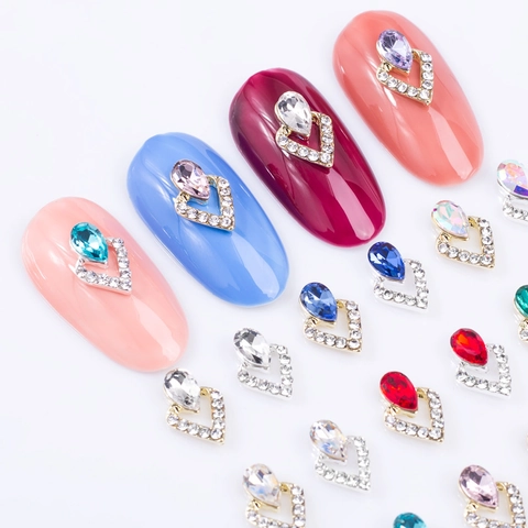 Alloy Rhinestone Nail Art Charms Heart Water Drop Shaped Hollow Out Colorful 3D Nail Decorations For Manicure DIY