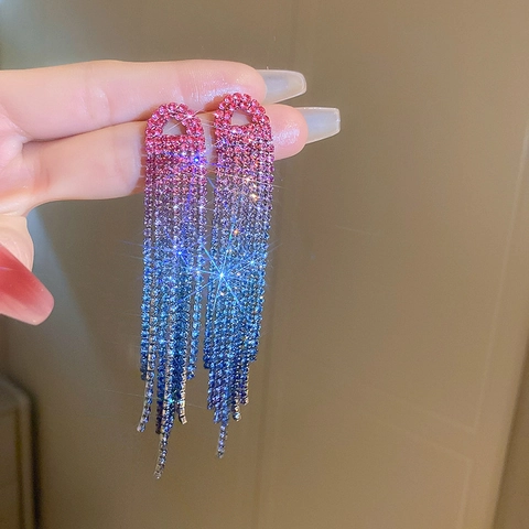 Long Tassel Earrings Ombre Gradient Rhinestone Alloy Elegant Dangle Jewelry For Women With 925 Sterling Silver Earring Post