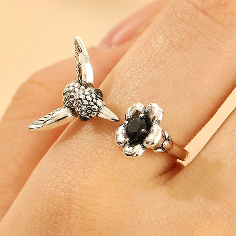 Vintage Copper Hummingbird Flower Open Ring For Women Adjustable Animal Leaf Eagle Raven Frog Skull Bohemian Jewelry Gift