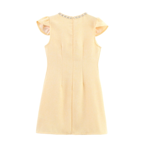 Süßes Tweed Mini Kleid Mit Strass Ausschnitt Flatterärmeln Hoher Taille Elegantes A-Linien Kleid Für Damen