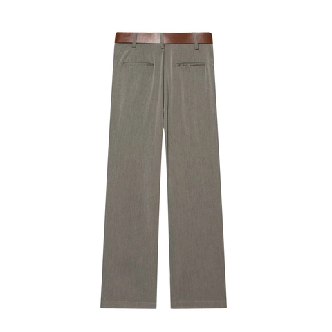 Damen High Waist Hose Mit Geradem Bein Und Gürtel Vintage Gold Schnalle Polyester Business Büro Trousers Meliertes Grau