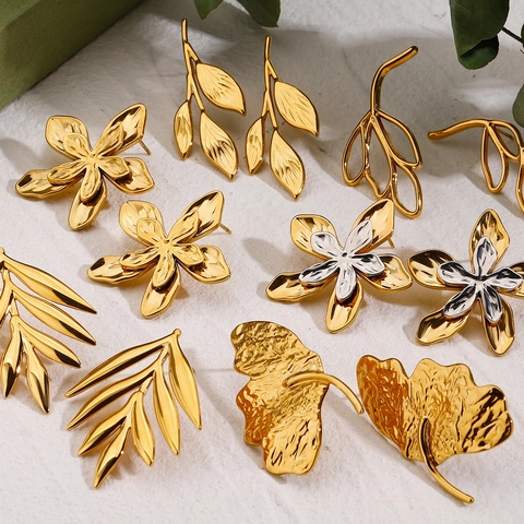 Blad Bloem Oorbellen Roestvrij Staal 18K Verguld Gehamerde Textuur Waterdicht Hypoallergeen Mode Sieraden Dames