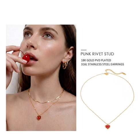 Collana Con Pendente A Cuore Placcata Oro 18K Acciaio Inossidabile 316L Con Agata Rossa Gioielli Vintage Per Donna