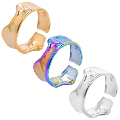 Anillo De Acero Inoxidable Irregular Ajustable Abierto Textura De Lava Minimalista Joyería Para Mujeres Y Hombres