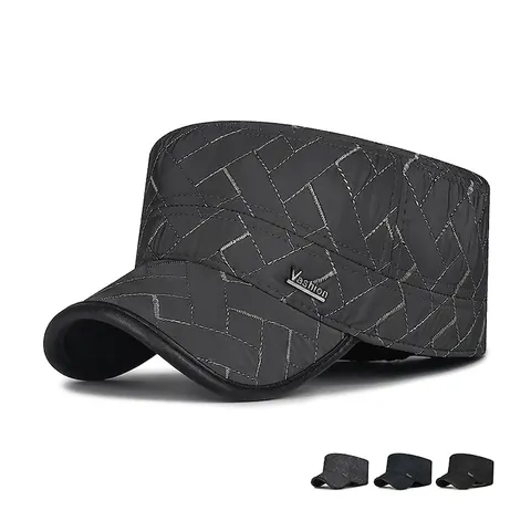 Heren Winter Gewatteerde Cadet Pet Met Oorkleppen Warm Fleece Gevoerd Winddicht Platte Militaire Hoed Verstelbaar