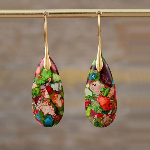 Bohemian Emperor Stone Teardrop Dangle Earrings Natural Sea Sediment Jasper Alloy Hook Jewelry Ethnic Vintage For Women