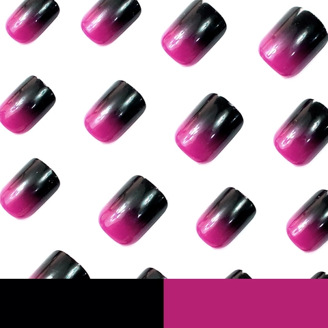 Uñas Postizas Press On Degradado Negro Fucsia Brillante ABS Cuadradas Cortas Cobertura Completa Para Mujeres