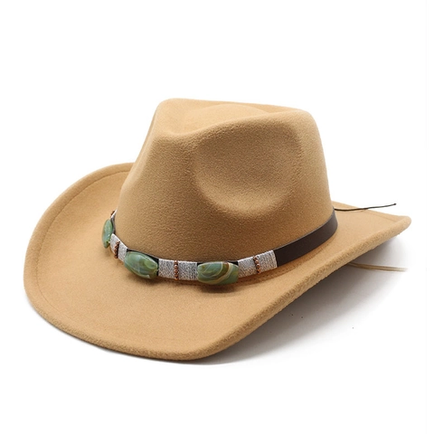 Western Cowboy Hat Wide Brim Fedora Wool Felt Style Retro Ethnic Leather Band Turquoise Decoration Unisex Classic