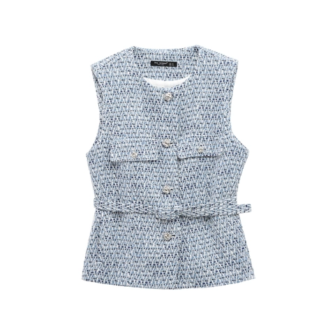 Gilet Elegante In Tweed Da Donna Senza Maniche Blu Chiaro Bianco Misto Con Cintura Bottoni Argentati Stile Vintage