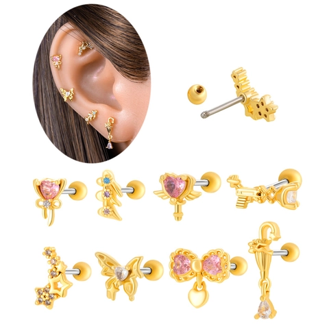Pink Heart Bowknot Ear Cartilage Stud Earrings Stainless Steel Copper Zirconia Gold Plated Piercing Jewelry For Women