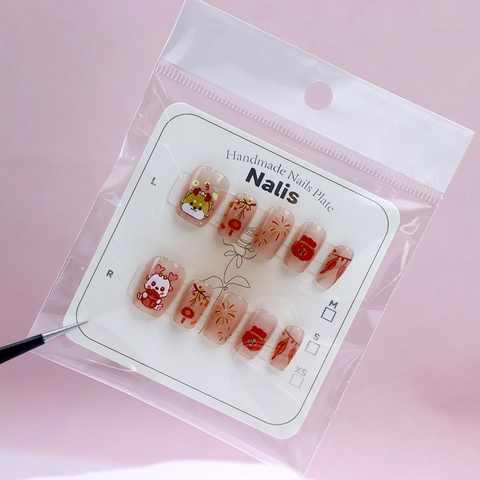 Press On Nails Handmade Cat Eye Pink Chinese New Year Style Cute Cartoon Dog Dragon Decor ABS Short Square Fake Nails