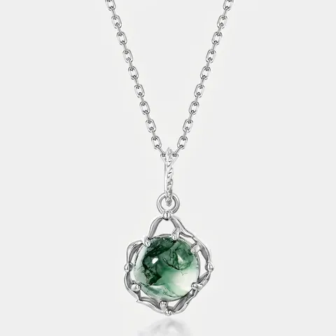 Collana Con Ciondolo In Argento Sterling 925 Agata Muschiata Pietra Verde Naturale Gioielli Geometrici Circolari Per Donna Vintage Elegante