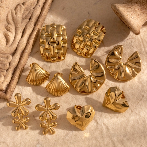 Boucles D'oreilles Or Vintage Acier Inoxydable Géométrique Cœur Coquillage Fleur Forme Bijoux De Mode Pour Femmes