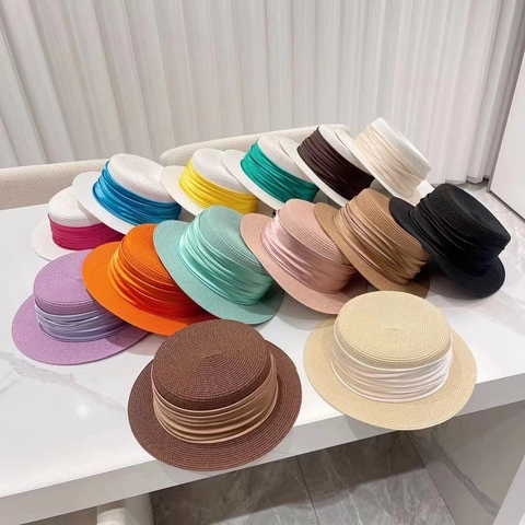 Women Boater Hat Paper Straw Flat Top Sun Hat With Pleated Satin Ribbon French Retro Elegant Summer Beach Travel