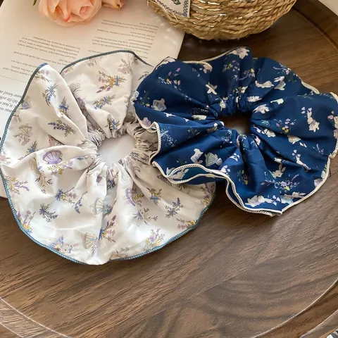 Übergroßer Scrunchie Stoff Blumen Hase Druck Haargummi Französischer Pastoraler Stil Elastisches Haarband Frauen Mädchen Pferdeschwanz