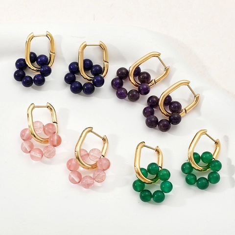 Natural Stone Beaded Hoop Earrings For Women Dainty Stainless Steel 14K Gold Plated Agate Lapis Lazuli Boho Jewelry