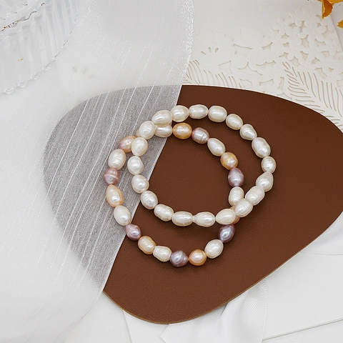 Handmade Freshwater Pearl Bracelet For Women Minimalist Baroque Rice Pearl Elastic Beaded Bracelet Elegant Jewelry Gift