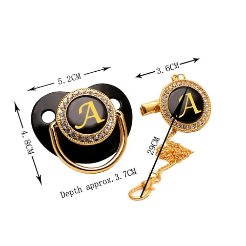 Baby Pacifier With Clip Chain Luxury Rhinestone Black Gold Initial Letters Silicone Bling Soother For Infants Toddlers