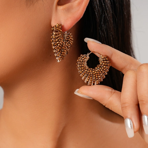 Vintage Heart Hoop Earrings For Women With Glass Beads And Copper Wire Handmade Retro Fashion Accessories