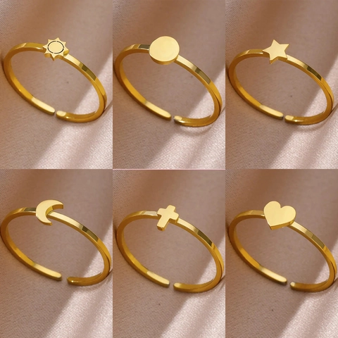 Minimalist Gold Plated Stainless Steel Adjustable Rings Heart Cross Moon Star Geometric Simple Fashion Jewelry