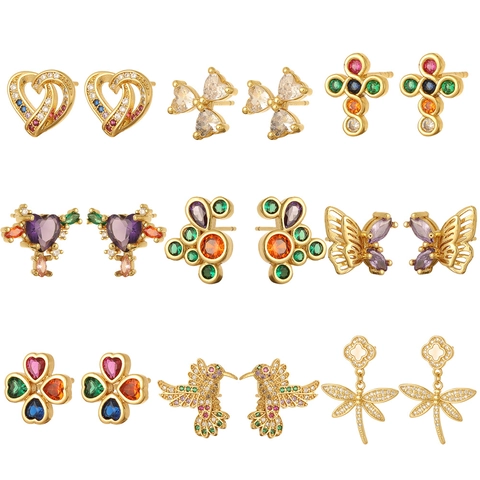 Copper Earrings Gold Plated Multi Color Zircon Heart Butterfly Animal Shape Fashion Jewelry For Women Elegant Trendy