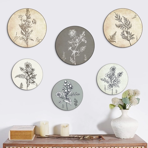 Round Wood Wall Hanging Signs Bohemian Rustic Farmhouse Botanical Floral Abstract Line Art Living Room Bedroom Home Decor