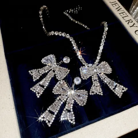 Halskette Und Ohrringe Mit Schleife Zirkon Strass Kupfer Silber Ohrstecker Für Party Eleganter Luxus Damenschmuck
