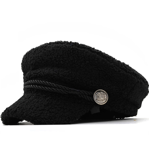 Gorra Newsboy Lana De Cordero Sherpa Forro Polar Otoño Invierno Cálido Color Sólido Cuerda Trenzada Botón Vintage Para Mujeres Hombres