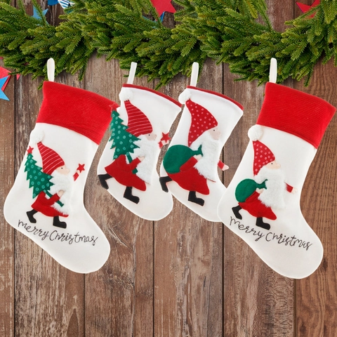 Nordic Style Christmas Stocking Velvet Felt Embroidered Santa Gnome Hanging Candy Gift Bag Fireplace Holiday Home Decor