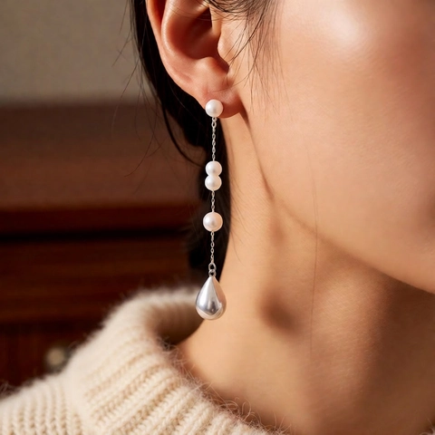 Set Gioielli Künstliche Perle Sintetiche Retro Francese Ciondolo Goccia Collana A Y Orecchini Lunghi Nappa Con Perno In Argento Per Donna