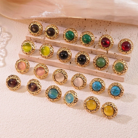 Vintage Round Stud Earrings Stainless Steel Earring Post Quilted Gold Texture Border Colorful Cat Eye Stone Retro French Fashion
