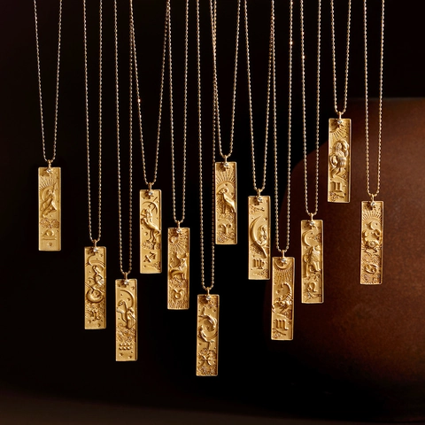 18K Gold Plated Stainless Steel Constellation Zodiac Tarot Card Pendant Necklace Vintage Astrological Jewelry For Women