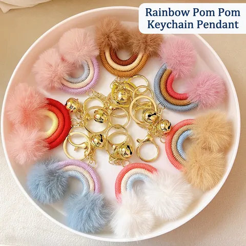 Portachiavi Arcobaleno Con Pompon Bohémien Corda Di Cotone Intrecciata Ciondolo Per Borsa Con Campanello Chiusura Per Donne