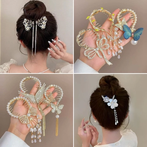 Elegant Lily Of The Valley Flower Hair Claw Clips Alloy Rhinestone Artificial Pearl Tassel Butterfly Bowknot Bun Maker For Women