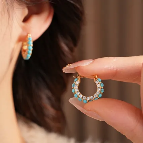 Luxe Hoop Oorbellen 18k Verguld Koper Met Turkoois Hars Kralen Zirkoon Vintage Stijl Sieraden Zilveren Oorknopje