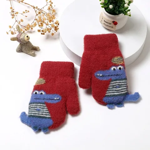 Moufles Enfant Crocodile de Dessin Animé Mignonnes Gants en Tricot Doublés de Polaire Chauds avec Cordon de Cou