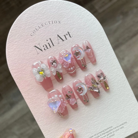 Press On Nails 3D Rhinestones Artificial Pearl Moon Bow Heart Charms Translucent Pink Glitter Handmade Sweet Y2K Style