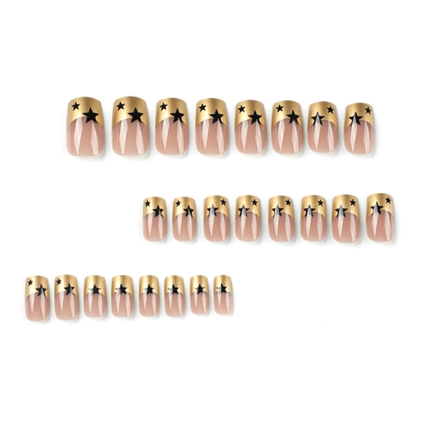 French Gold Tip Press On Nails Square Black Star Pattern Artificial False Nails With Glue For Women Girls