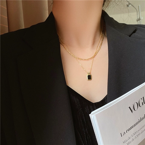 Collana A Doppio Strato In Acciaio Al Titanio Placcato Oro 18K Pendente Rettangolare Nero Gioielli Hip Hop Retro Donna