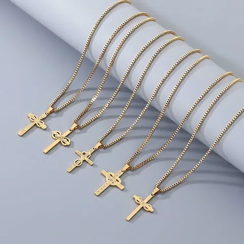 Cross Pendant Necklace 304 Stainless Steel Religious Jewelry With Zircon Faux Artificial Pearl Heart Angel Wings For Men Women