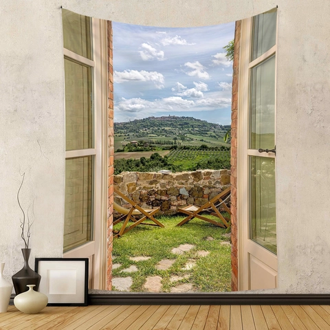 Scenic Wall Tapestry Polyester 3D Fake Window Landscape Hanging Cloth For Living Room Bedroom Ins Style Home Decor