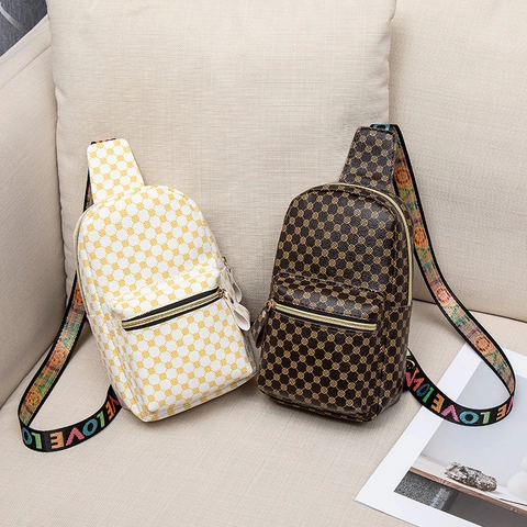 Vintage Print Damen Brusttasche PU Leder Crossbody Sling Tasche Mit Breitem LOVE Buchstaben Riemen Retro Mode