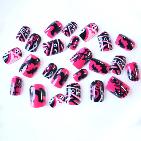 Halloween Press On Nails Short Square Pink Black Ghost Spider Web Mummy Pattern ABS Artificial False Nails For Women