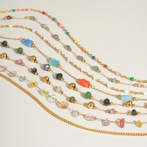 Trendige Edelstahlkette Mit Bunten Natursteinen Vergoldet Wasserdicht Sommerurlaub Boho Perlen Schmuck Für Damen