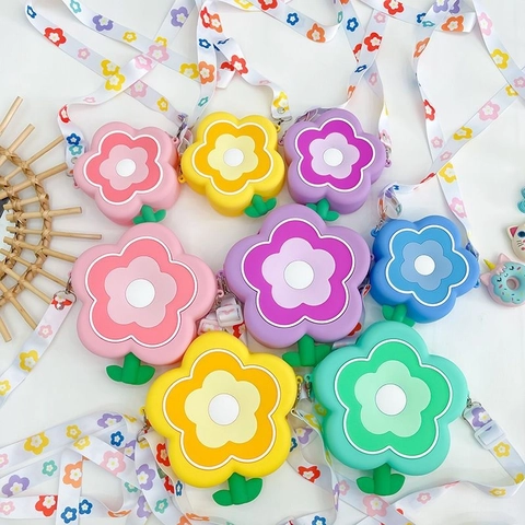Kids Flower Shaped Silicone Crossbody Bag Cartoon Camellia Coin Purse With Adjustable Floral Strap For Girls