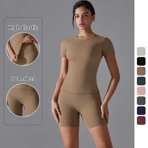 Women Yoga Shorts And Short Sleeve Top Nylon Spandex Quick Dry Breathable Activewear Fitness Sport Athletic Gym Outfit