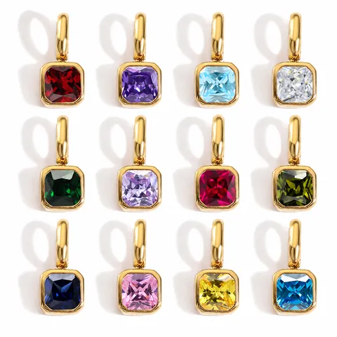 Stainless Steel Square Birthstone Pendants Glass Gemstone Charms For DIY Jewelry Making Necklace Accessories Women Gift