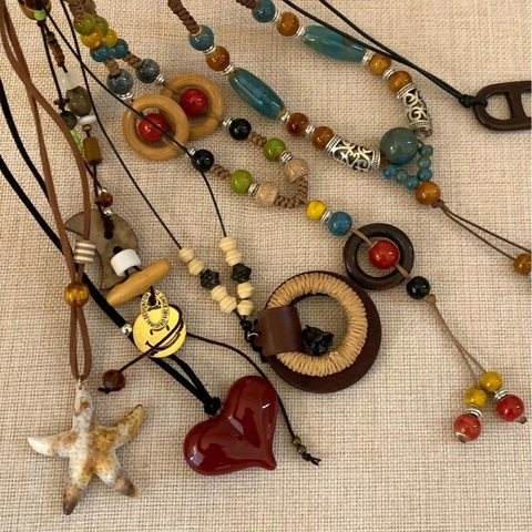 Handgemaakte Boheemse Etnische Hanger Ketting Hars Hout Keramische Kralen Leren Koord Vintage Sleutelbeen Ketting Voor Dames