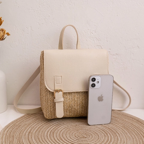 Mode Mini Stroh Gewebter Rucksack Damen Kontrastfarbe PU Leder Patchwork Kleiner Lässiger Urlaubstasche