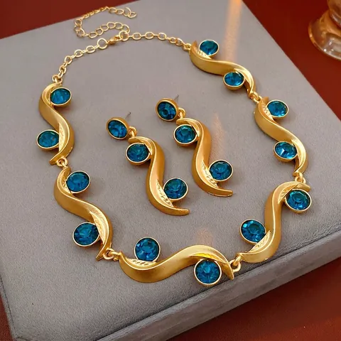 Collana E Orecchini Pendenti A Onde In Lega Con Strass E Perno In Argento Cristallo Blu Per Donna